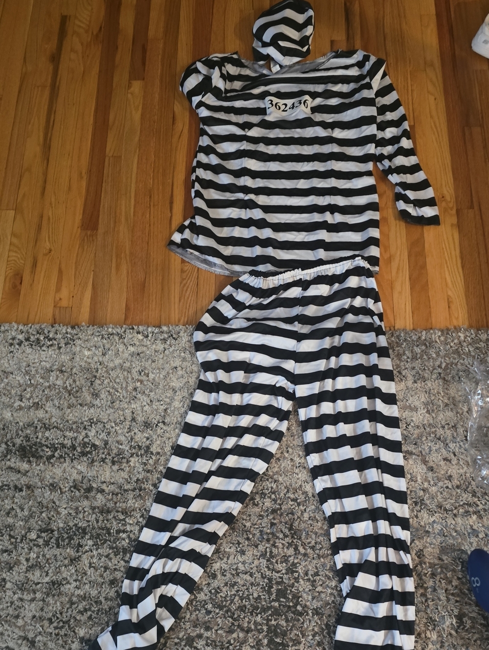 Adult Black & White Striped Jailbird Halloween Costume with Cap